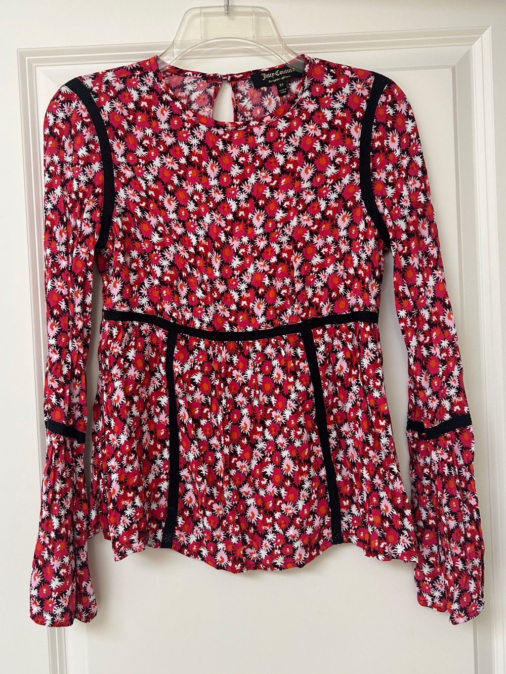 Juicy Couture Red Floral Long-Sleeve Blouse with Black Trim
